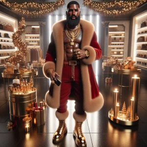 A full-body view of a hyper-realistic African American Santa Cla...