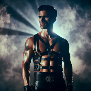 Male dressed in full leather and shirtless with a harness