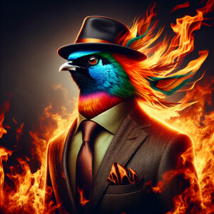 Bird in business suit and hat stay in flame
