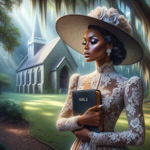 Render an airbrush oil painting of an African American woman with flawless makeup in a
contemplative pose, holding a Bible close to her heart, dressed in an elegant Sunday Best
outfit with a distinctive Church Hat. The background features a peaceful church garden,
with light filtering through the trees, highlighting her spiritual connection and the personal
moment of reflection. The artwork should capture the tranquility of the scene, the beauty
of her attire, and the depth of her contemplation, reflecting a serene and spiritually