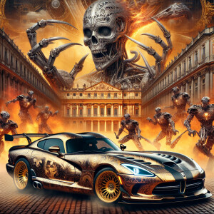 create an ornate dodge viper car adorned with a horror character...