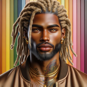 A portrait of a handsome African American man bronze skin tone with a clean a clean cut beard, long blonde dreadlocks hazel brown siren eyes gold jewelry, gold watch. He’s wearing a brown bomber jacket tattoos multiple necklaces, stud earrings, colorful background