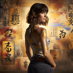 Athletic Thin skinny Attractive, Asian teenage girl, long brown hair and bangs, wearing tight skinny jeans and a halter top paint marks on her clothing, heroic pose Asian graffiti background, backside view