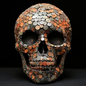 Skull formed with pennies hyperrealistic ,eyes staring into the...