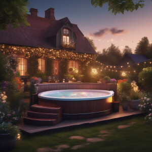 Photorealistic image. 90s hottub party. Chaise lounge in front e...