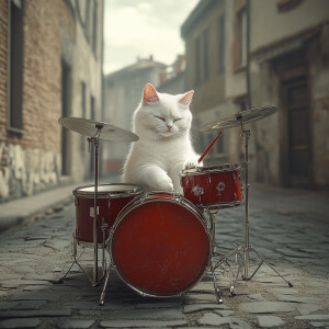 A white cat playing a drum set appropriately sized for a feline,...