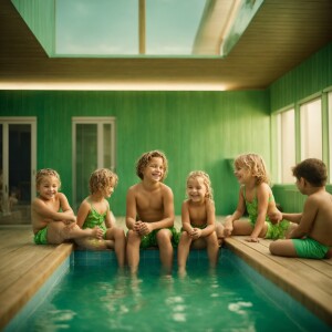 Family are having fun in the sauna inside building with pool. th...