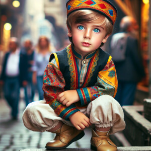 A blue-eyed seven-year-old boy in a national Caucasian costume w...