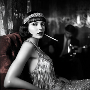 Vintage 1920s art deco flapper girl portrait, finger waved dark...