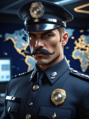 A strikingly handsome and impeccably styled male police officer,...