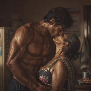 hyperRealism photo painting.a muscular sweaty indian employer ma...