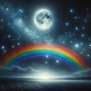 Create a beautiful night time sky with a rainbow and a moon