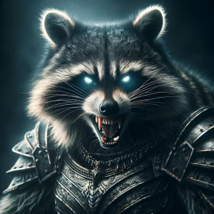 Generate an image of a menacing, demonic racoon with glowing eye...