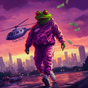 Iconic PEPE the Frog with a sly smirk and expressive cartoonish...