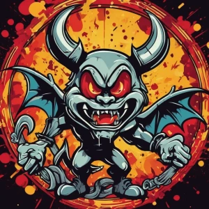 Design a cartoon-style circular logo featuring a cheeky demon we...