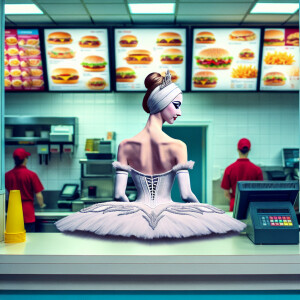 Odette from Swan Lake, who works as a cashier at McDonald's