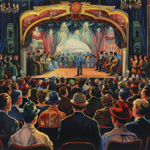 A vibrant scene unfolds in a 1920s theater, with the audience ca...