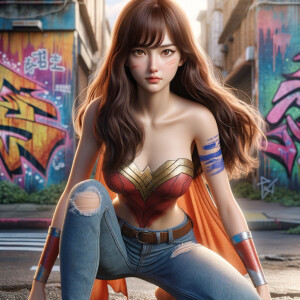 teenage girl, long brown hair and bangs, wearing tight skinny jeans and a halter top paint marks on her clothing, heroic pose Asian graffiti background, nearing on one knee