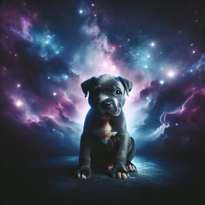 Create an image of a pitbull puppy with a cosmic background that...