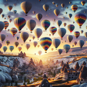 A vibrant illustration of hot air balloons over Cappadocia, Turk...