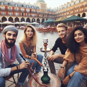 Make picture where russian people smoke shisha on the red square