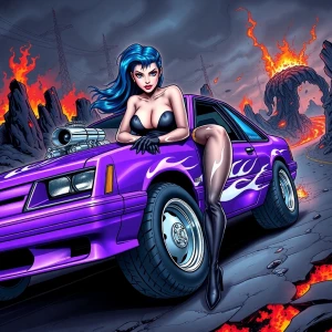 Create a digital comic book-style illustration in high contrast with a striking blue-haired demoness leaning provocatively out of a 1992 Ford Mustang window. The Mustang should be portrayed as a modified hot rod, featuring a prominent supercharger through its hood scoop, oversized tires, and a glossy purple metallic paint embellished with white flaming pinstripes. The demoness exudes a sensual aura with piercing eyes, full lips, and a playful smirk, dressed in a body-hugging, flame-themed bodysuit, thigh-high boots, and fingerless gloves. The background depicts a hellish landscape, with a road flanked by volcanic rocks and intense flames, casting a sinister light over the scene. The composition should be framed as a medium close-up, low-angle side shot, capturing the allure of