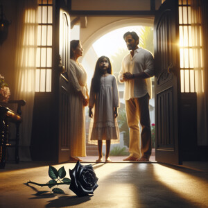 Father mother and daughter are standing near the threshold of th...