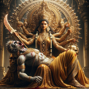 portrait of angry looking goddess durga sitting on a gold crown...