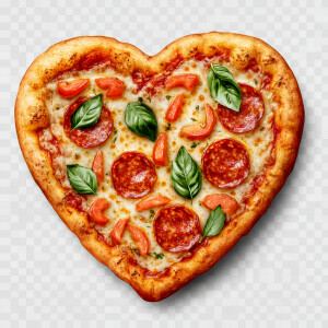 Create an image of a heart-shaped pizza with golden, crispy crus...