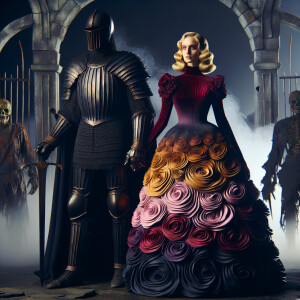 Black undead knight standing with a Greek thick curvy queen with a burgundy, gold and pink dress in front of a undead castle