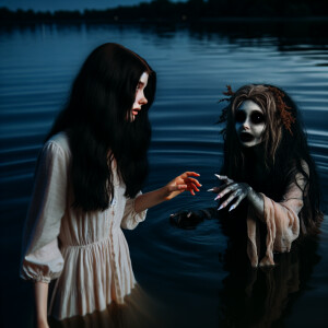 A scary Mermaid pulls a black-haired girl by the hand into the l...