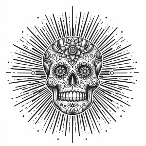 Lineart rendition of a sugar skull, shown in black and white, ag...