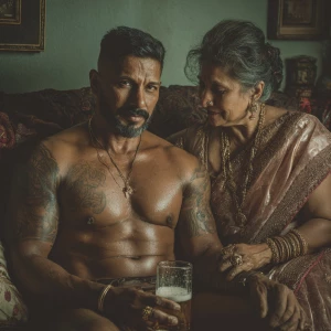 Realism, photo painting.a muscular beefy sweaty tattoed indian m...