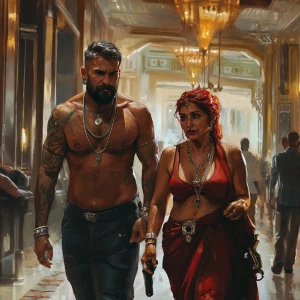 realism,.A sweaty beefy man walking with his 54 year old kashmir...