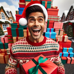 A man with neatly slicked-back flat brown hair dons a festive Sa...