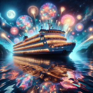 Ferry on the bay with moonlit skies, the ferry is packed with pe...
