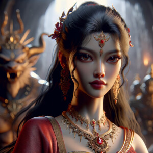 Portrait of gorgeous and angry goddess durga slaying mahishasur. intricately detailed depiction of a goddess. gold jewelry all over body. sharp nose, light skin, beautiful brown eyes, wavy black hair, red lips, slim body, red clothing, muscled limbs, ultra detailed body. uhd, hdr, 64k, epic scene. Photography