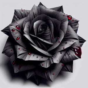 Hyper realistic, black rose with blood on it that appears to be...