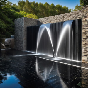 floating fountain waterfall made of black slate stone segments c...