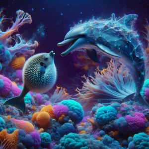 Create a hyper-realistic 8K UHD image that captures a dolphin in...