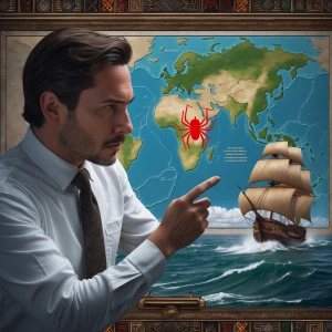A focused american arachnologist examining an expansive map of S...