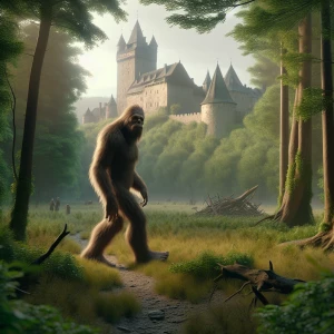 A large humanoid looking sparsely hair covered sasquatch walking...