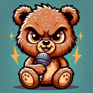 An illustration mean but cute teddy bear character holding a mic