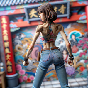 Athletic Thin skinny Attractive, Asian teenage girl, long brown hair and bangs, wearing tight skinny jeans and a halter top paint marks on her clothing, heroic pose Asian graffiti background, backside view