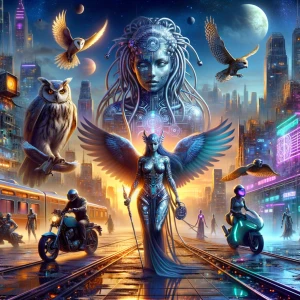In a twilit, decrepit cityscape, an urban Athena strides forward...