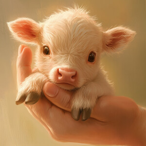 A tender scene featuring a small, adorable cow, no larger than a...
