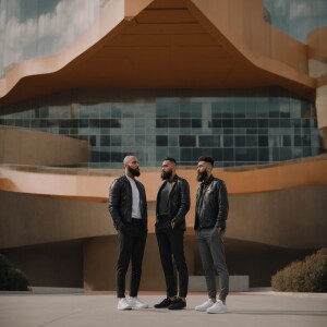 Two men standing in front of a modern building. Wearing black pa...