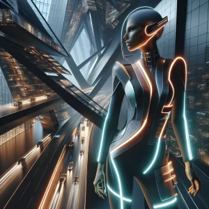 "A woman wearing a sleek, neon-illuminated jumpsuit that adapts its color to the surrounding environment