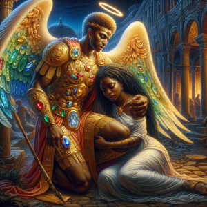 Create an oil painting image featuring a male angel and a grievi...