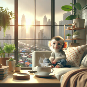 Обезьянка в очках сонная, утро, квартира